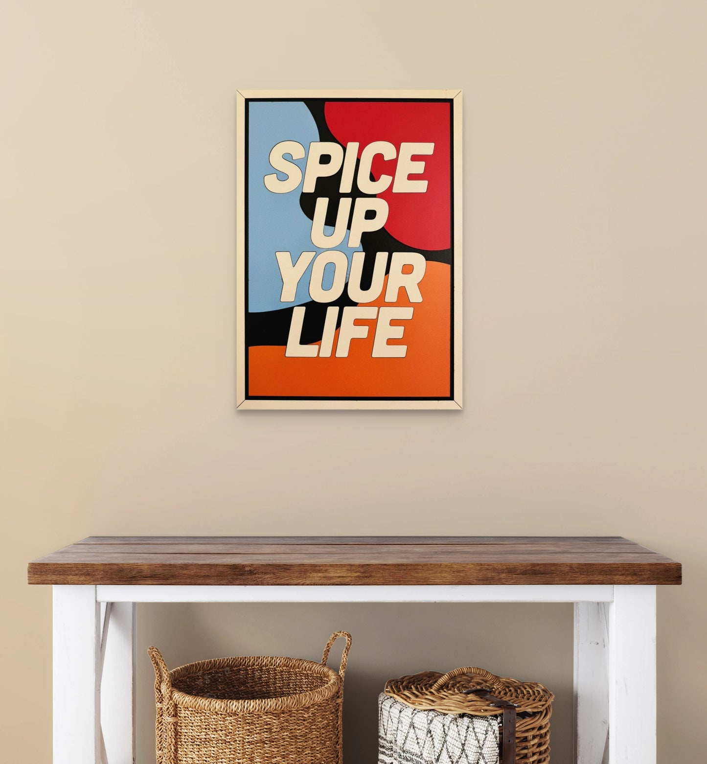 Spice Up Your Life wall art with bold wavy shapes in red, blue, orange, black and white – modern abstract laser cut wooden decor for kitchens or living rooms