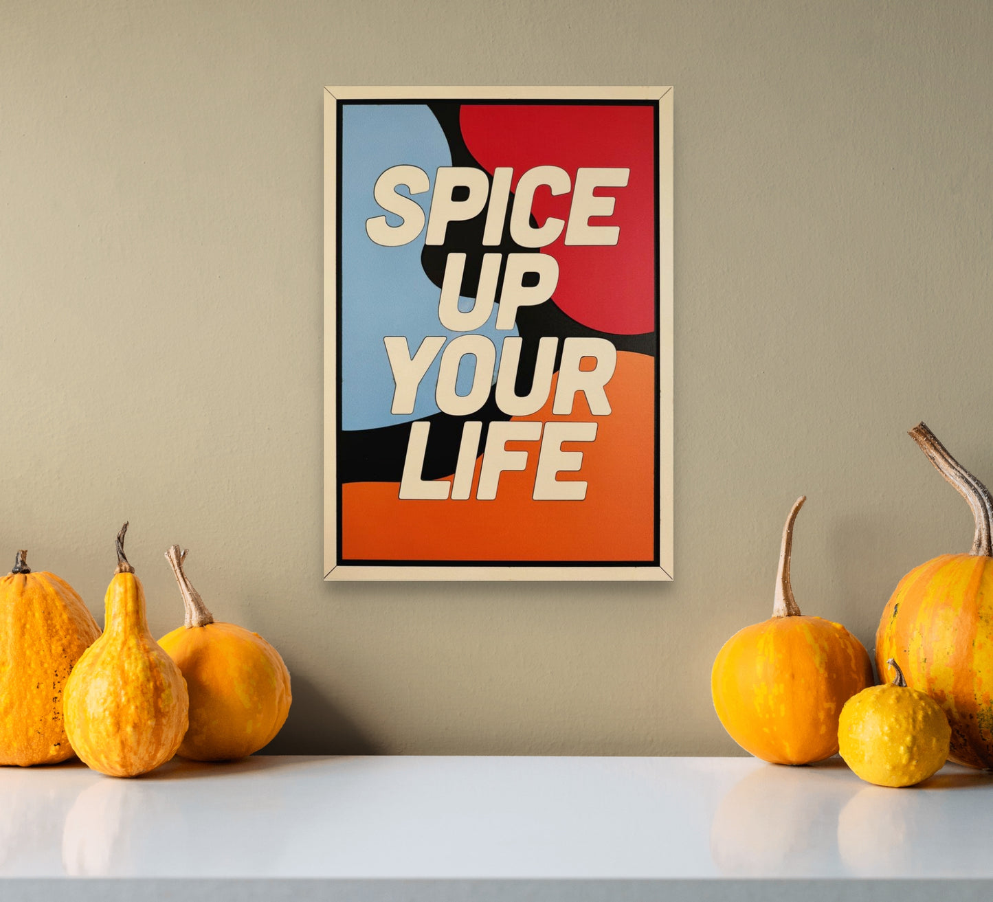 Spice Up Your Life wall art with bold wavy shapes in red, blue, orange, black and white – modern abstract laser cut wooden decor for kitchens or living rooms