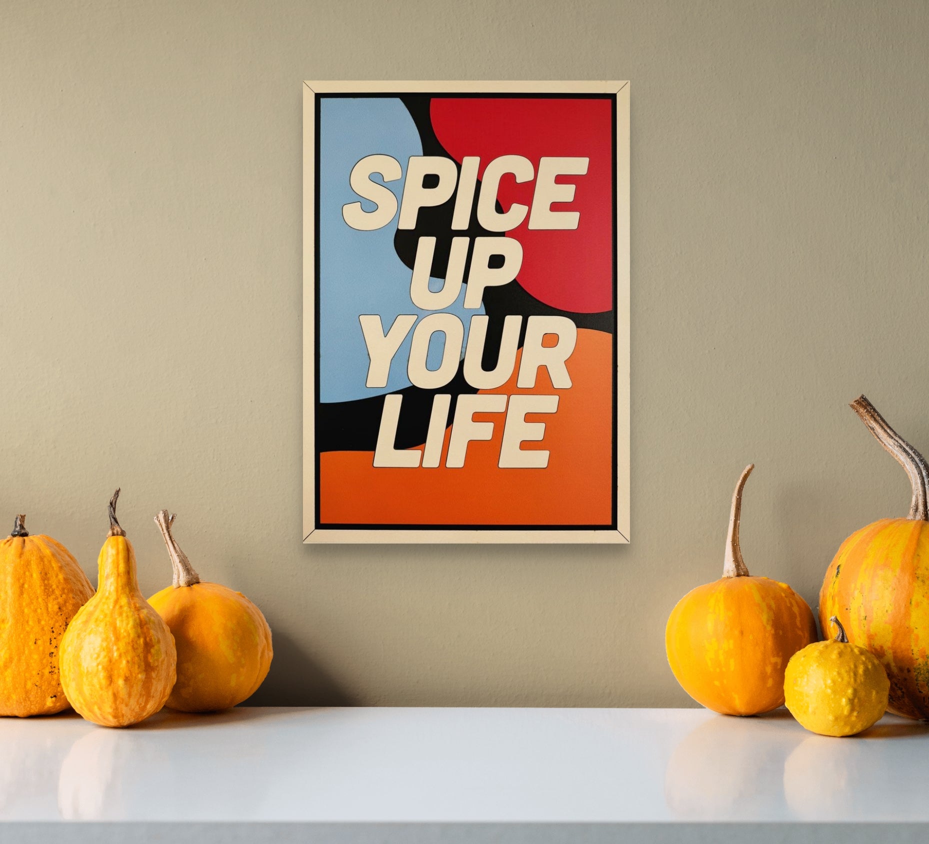 Spice Up Your Life wall art with bold wavy shapes in red, blue, orange, black and white – modern abstract laser cut wooden decor for kitchens or living rooms