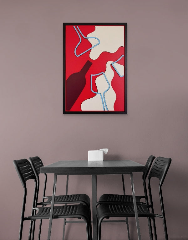 Uncorked wall art featuring a wine bottle pouring red wine into glasses, with a color palette of red, burgundy, black, off-white, and light blue. Perfect for wine lovers and home decor enthusiasts.
