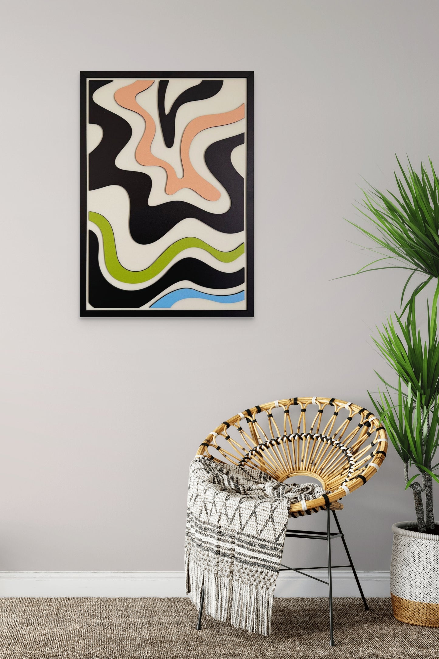 Waves abstract wall art featuring wavy shapes in black, pink, blue, green, and off-white. Ideal for modern home decor, living rooms, and contemporary spaces.