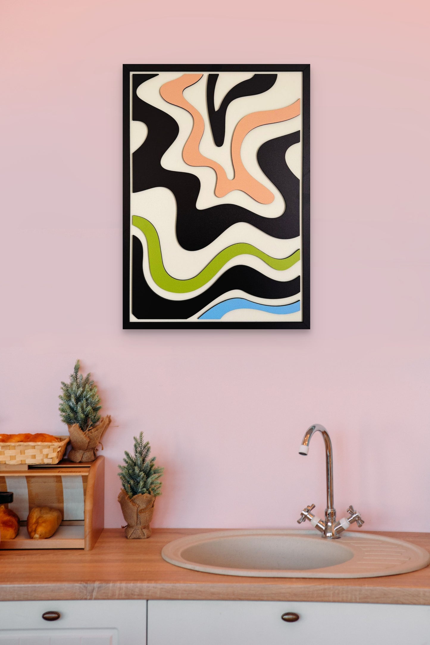 Waves abstract wall art featuring wavy shapes in black, pink, blue, green, and off-white. Ideal for modern home decor, living rooms, and contemporary spaces.