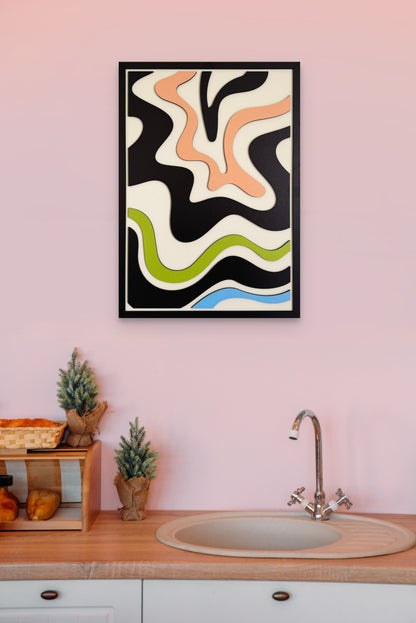 Waves abstract wall art featuring wavy shapes in black, pink, blue, green, and off-white. Ideal for modern home decor, living rooms, and contemporary spaces.