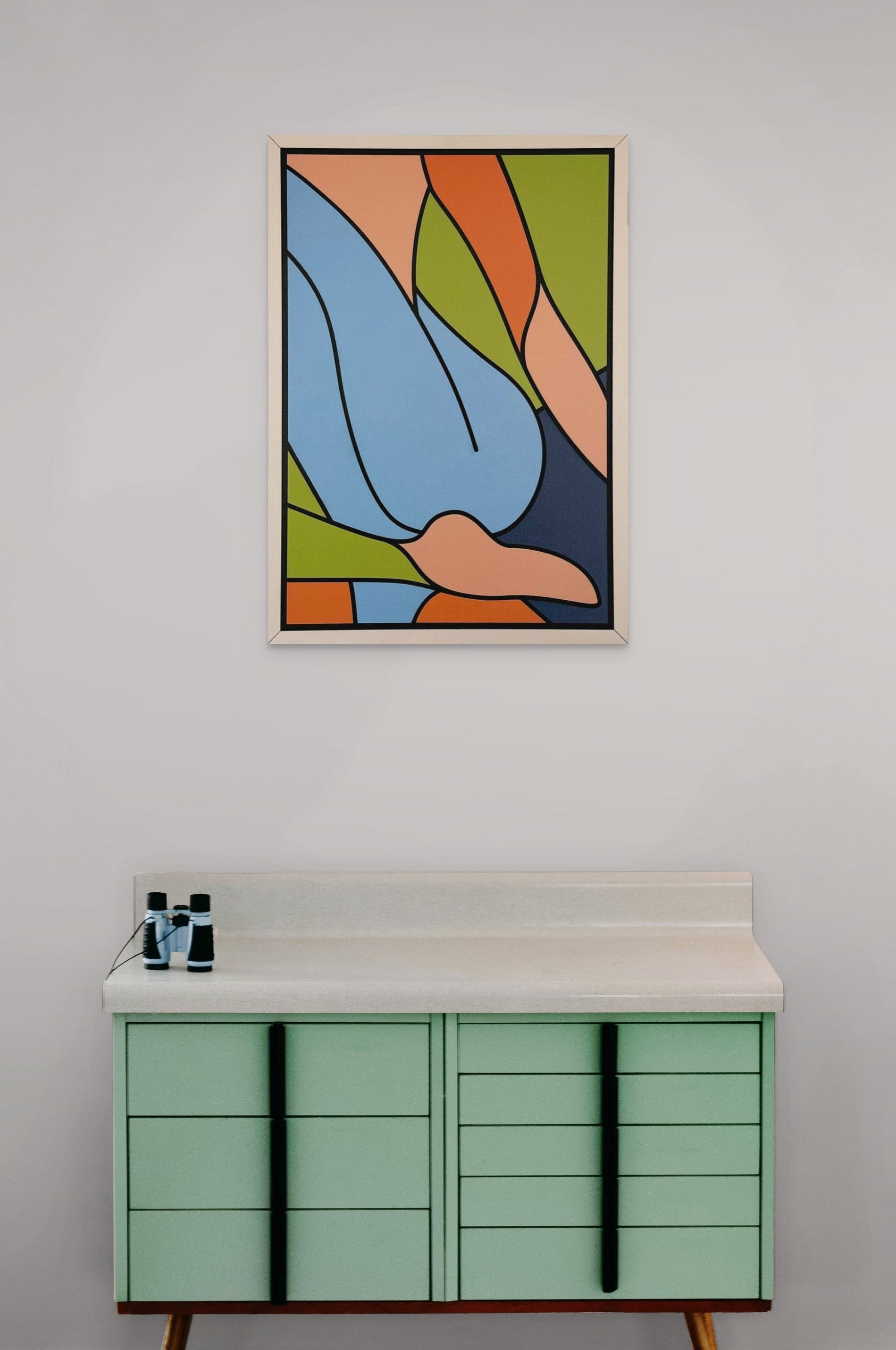 Colourful Elegance wall art of abstract woman in vibrant orange, blue, green, and pink tones – modern laser cut wooden decor for living rooms or galleries