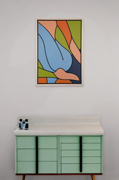 Colourful Elegance wall art of abstract woman in vibrant orange, blue, green, and pink tones – modern laser cut wooden decor for living rooms or galleries