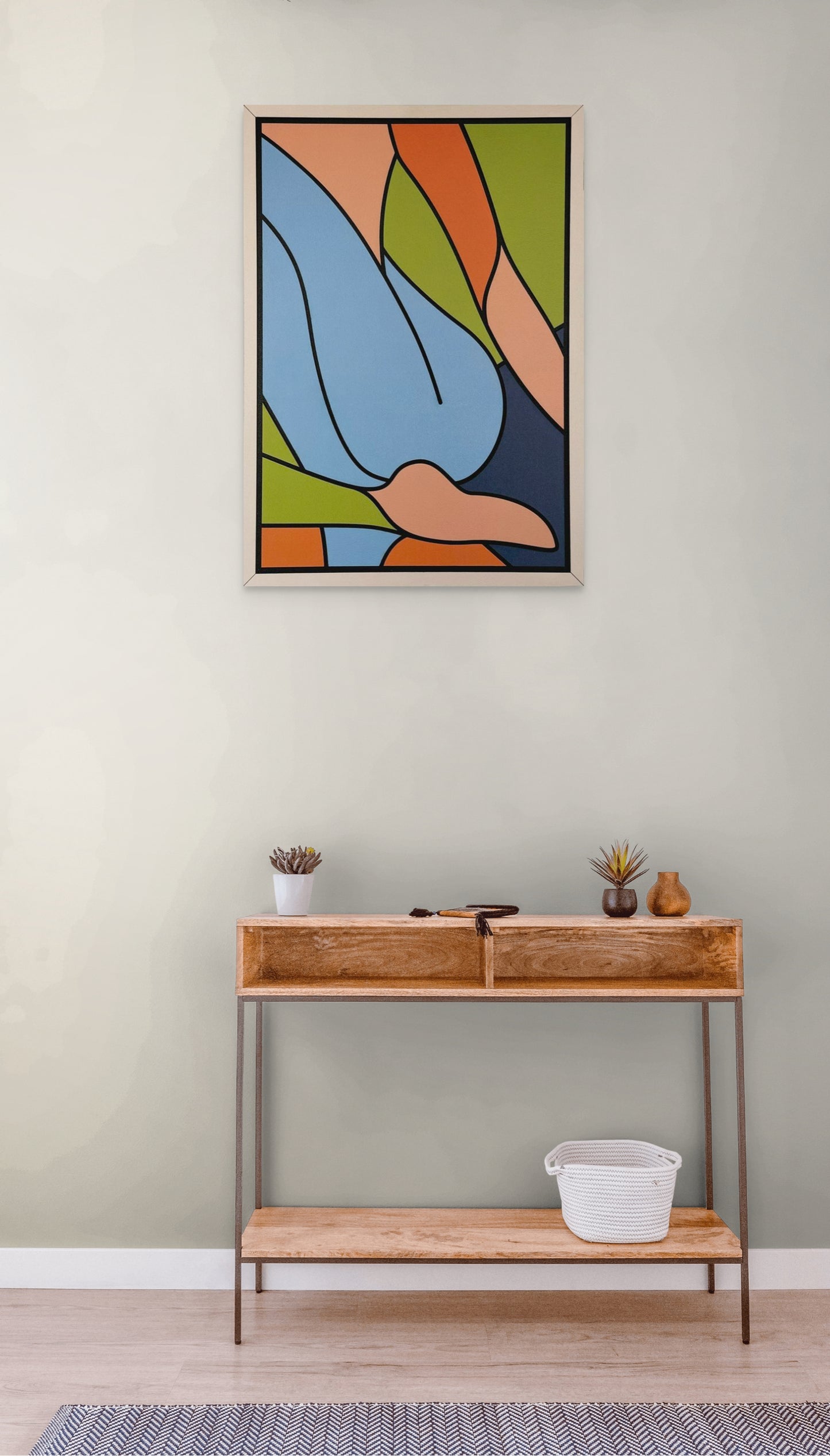 Colourful Elegance wall art of abstract woman in vibrant orange, blue, green, and pink tones – modern laser cut wooden decor for living rooms or galleries