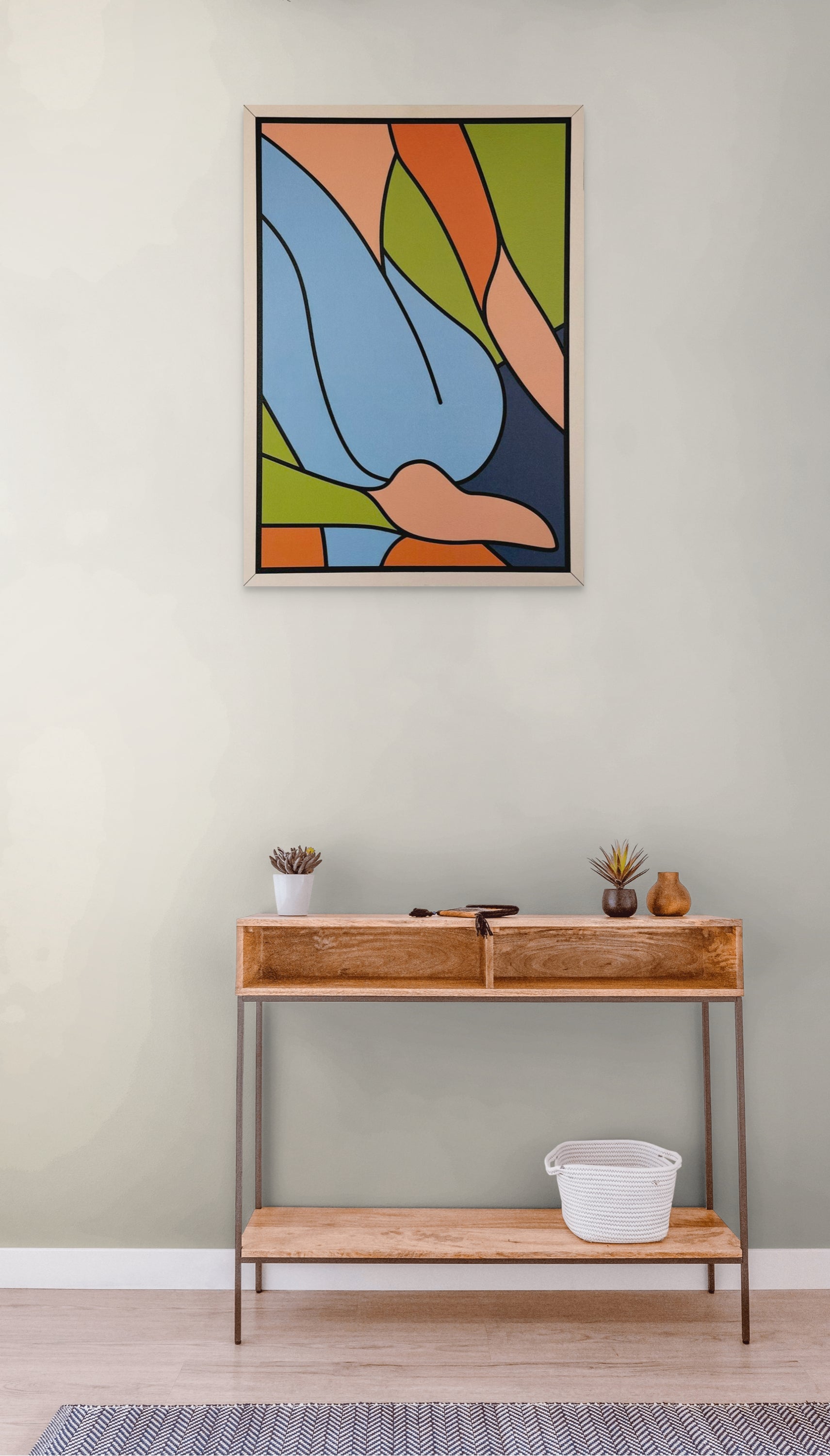 Colourful Elegance wall art of abstract woman in vibrant orange, blue, green, and pink tones – modern laser cut wooden decor for living rooms or galleries